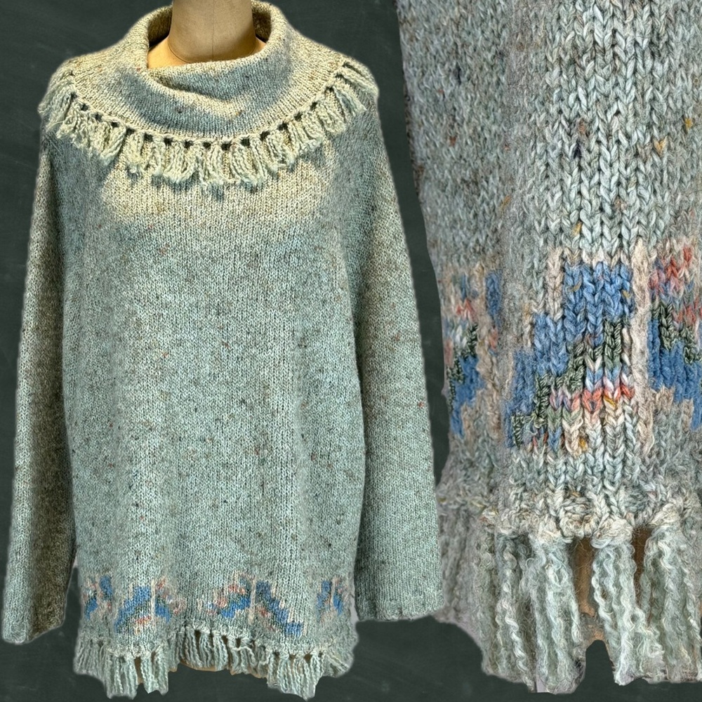 VINTAGE 90s Southwest fringe knit‎ sweater cowl neck long tunic western Aztec 2X